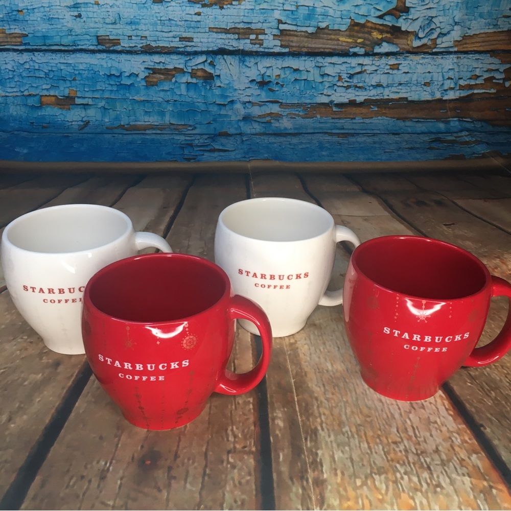 RARE Set of 4 2006 Starbucks Holiday Mugs with Iridescent Ornaments & Snowflakes